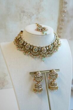 Pastel pink and mint Mahnoor kundan necklace set with jhumka earrings and tikka