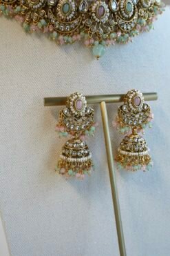 Pastel pink and mint Mahnoor kundan necklace set with jhumka earrings and tikka