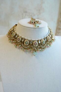 Pastel pink and mint Mahnoor kundan necklace set with jhumka earrings and tikka