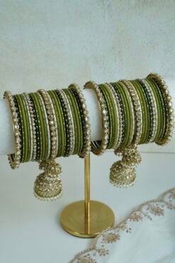 Mehndi Jhumka bangle set with olive green tones, stone bands, and dangling jhumka charm