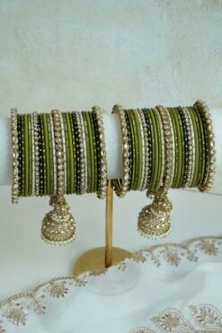 Mehndi Jhumka bangle set with olive green tones, stone bands, and dangling jhumka charm
