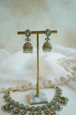 Mint Vine Necklace Set - antique gold necklace with mint stone clusters, pearl bead drops, jhumka earrings, and tikka