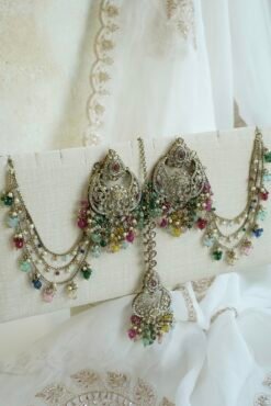 Antique gold Multi Color Chandbali Sahara set with tikka and colorful bead drops