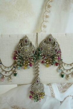 Antique gold Multi Color Chandbali Sahara set with tikka and colorful bead drops