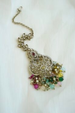 Antique gold Multi Color Chandbali Sahara set with tikka and colorful bead drops