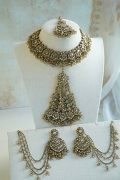 Champagne stone Nazneen bridal set with passa, earrings, nath, and mang tikka