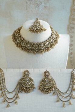 Champagne stone Nazneen bridal set with passa, earrings, nath, and mang tikka