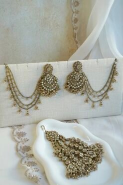 Champagne stone Nazneen bridal set with passa, earrings, nath, and mang tikka