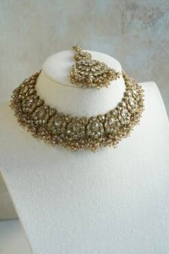 Champagne stone Nazneen bridal set with passa, earrings, nath, and mang tikka