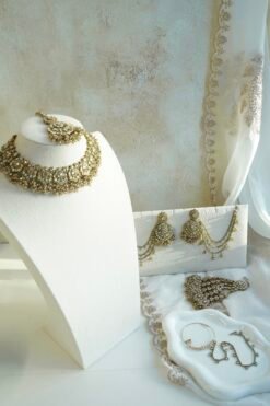 Champagne stone Nazneen bridal set with passa, earrings, nath, and mang tikka