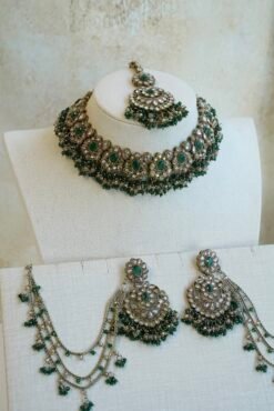 Champagne and green Nazneen bridal set with jhumar, earrings, nath, and tikka