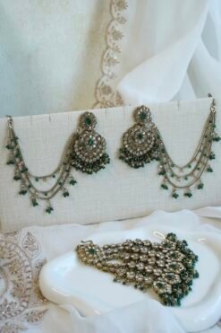 Champagne and green Nazneen bridal set with jhumar, earrings, nath, and tikka