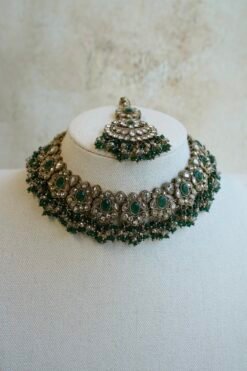 Champagne and green Nazneen bridal set with jhumar, earrings, nath, and tikka