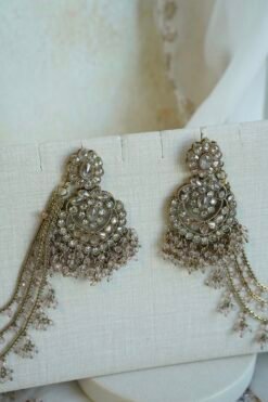Light pink and champagne gold Nazneen bridal set with jhumar, earrings, nath, and tikka