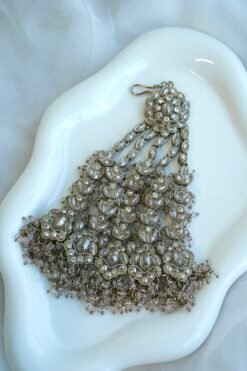 Light pink and champagne gold Nazneen bridal set with jhumar, earrings, nath, and tikka