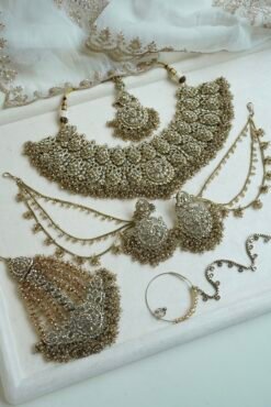 Noorjahan Bridal Set - antique kundan bridal jewelry set with choker necklace, sahara earrings, jhumar, tikka, and nath