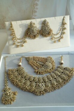 Noorjahan Bridal Set - antique kundan bridal jewelry set with choker necklace, sahara earrings, jhumar, tikka, and nath