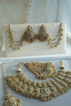 Noorjahan Bridal Set - antique kundan bridal jewelry set with choker necklace, sahara earrings, jhumar, tikka, and nath