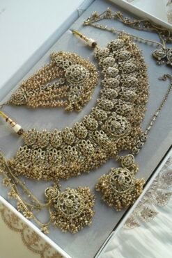 Noorjahan Bridal Set - antique kundan bridal jewelry set with choker necklace, sahara earrings, jhumar, tikka, and nath