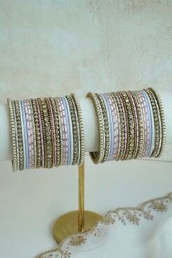 Pastel and Pearl bangle set with lilac, pink, and ivory tones, stone bands, and pearl trim