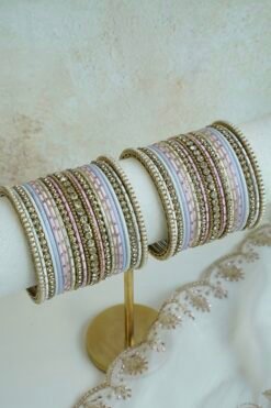 Pastel and Pearl bangle set with lilac, pink, and ivory tones, stone bands, and pearl trim