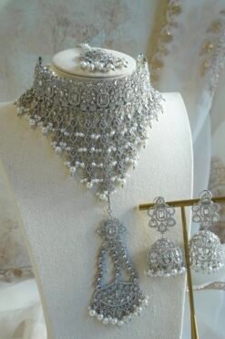 Silver Pearl Drop Choker Set - silver crystal bridal choker with pearl drops, jhumar, jhumka earrings, and tikka