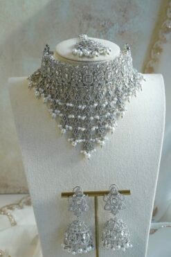 Silver Pearl Drop Choker Set - silver crystal bridal choker with pearl drops, jhumar, jhumka earrings, and tikka