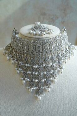 Silver Pearl Drop Choker Set - silver crystal bridal choker with pearl drops, jhumar, jhumka earrings, and tikka