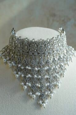 Silver Pearl Drop Choker Set - silver crystal bridal choker with pearl drops, jhumar, jhumka earrings, and tikka