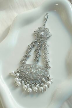Silver Pearl Drop Choker Set - silver crystal bridal choker with pearl drops, jhumar, jhumka earrings, and tikka
