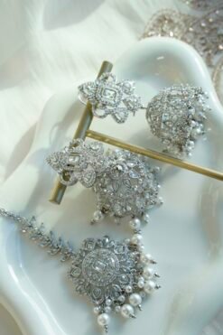 Silver Pearl Drop Choker Set - silver crystal bridal choker with pearl drops, jhumar, jhumka earrings, and tikka