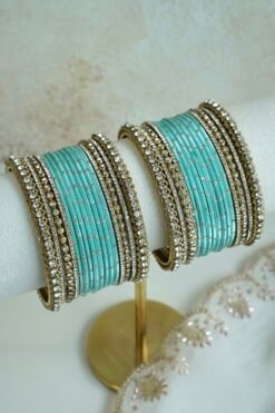 Slim Pastel bangle set with stone bands and antique gold-toned trim, available in lilac, mint, pink, and ivory