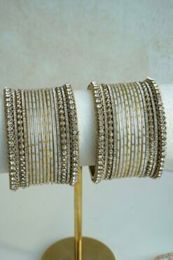 Slim Pastel bangle set with stone bands and antique gold-toned trim, available in lilac, mint, pink, and ivory