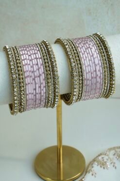 Slim Pastel bangle set with stone bands and antique gold-toned trim, available in lilac, mint, pink, and ivory