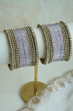 Slim Pastel bangle set with stone bands and antique gold-toned trim, available in lilac, mint, pink, and ivory