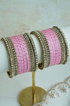 Slim Pastel bangle set with stone bands and antique gold-toned trim, available in lilac, mint, pink, and ivory