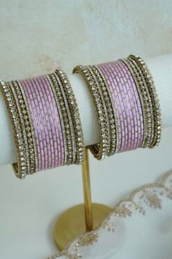Slim Pastel bangle set with stone bands and antique gold-toned trim, available in lilac, mint, pink, and ivory