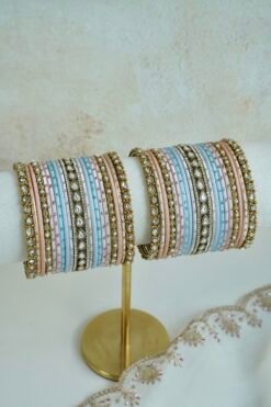 Suhana Pastel Bangle Set - multicolor peach, mint, lavender, and pink bangles with antique gold kundan-style stones and pearl trim