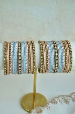 Suhana Pastel Bangle Set - multicolor peach, mint, lavender, and pink bangles with antique gold kundan-style stones and pearl trim