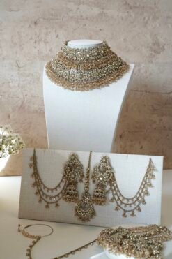 Yalina crystal bridal necklace set with double layer necklace, jhumar, and tikka