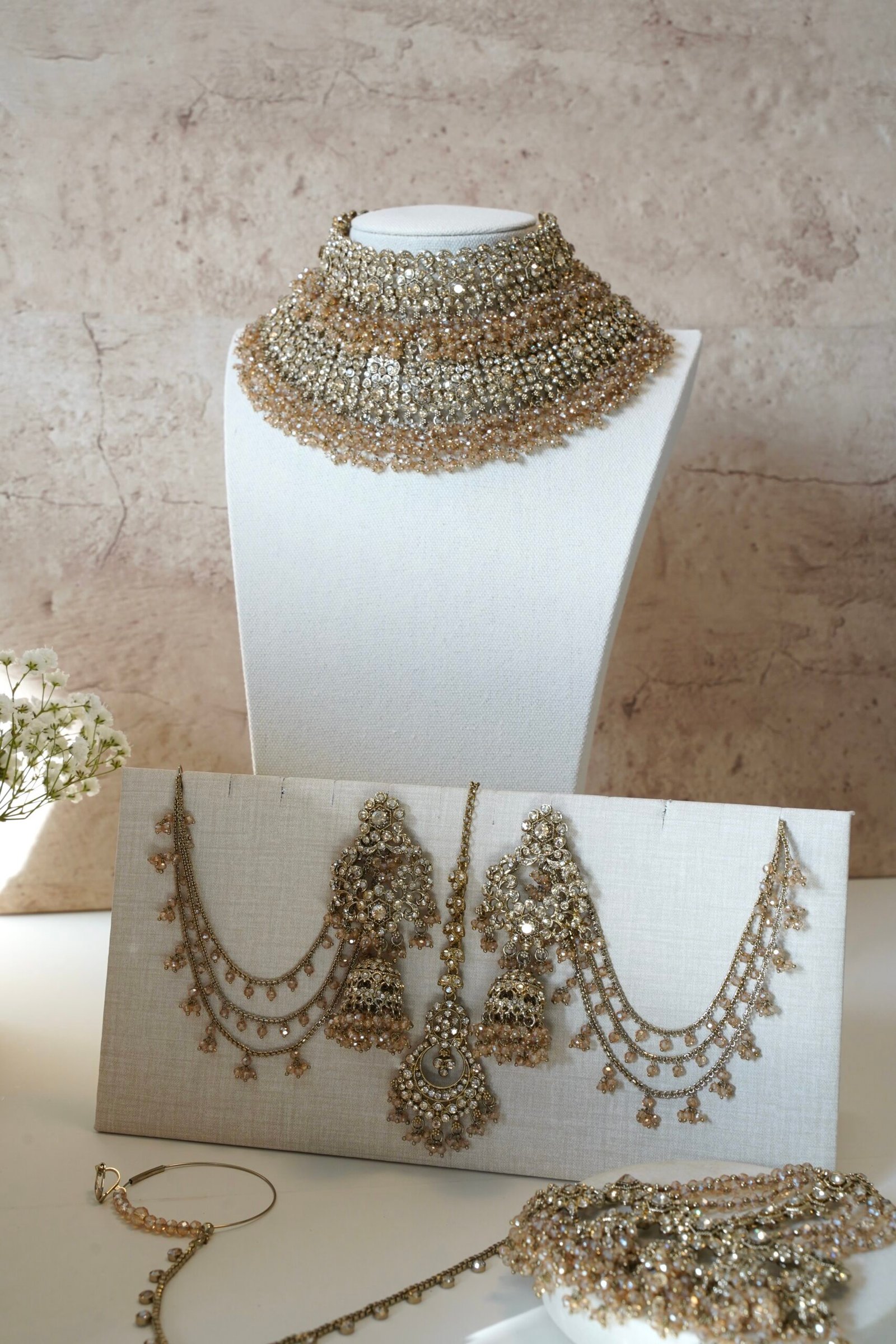 Yalina crystal bridal necklace set with double layer necklace, jhumar, and tikka