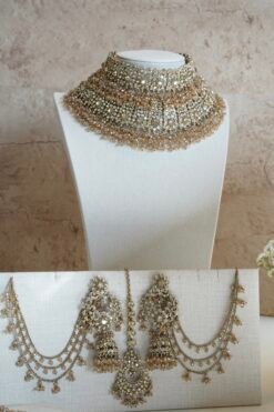 Yalina crystal bridal necklace set with double layer necklace, jhumar, and tikka