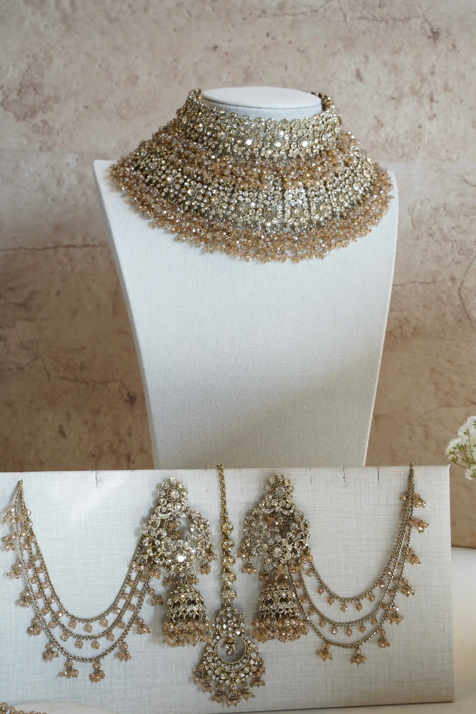 Yalina crystal bridal necklace set with double layer necklace, jhumar, and tikka