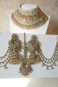 Yalina crystal bridal necklace set with double layer necklace, jhumar, and tikka