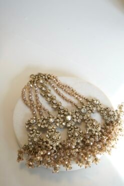 Yalina crystal bridal necklace set with double layer necklace, jhumar, and tikka