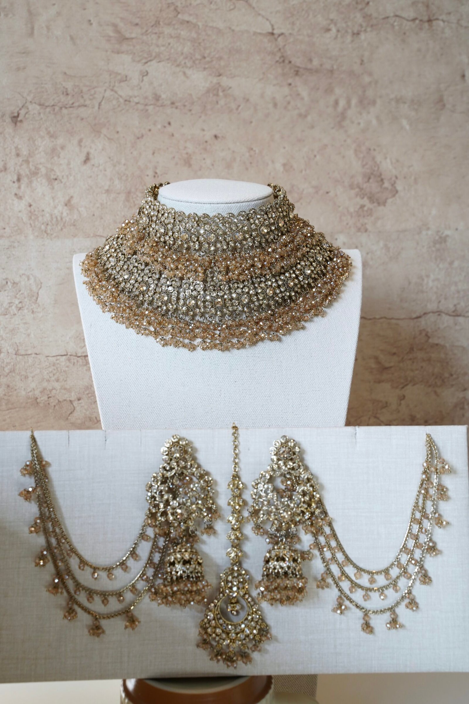 Yalina crystal bridal necklace set with double layer necklace, jhumar, and tikka
