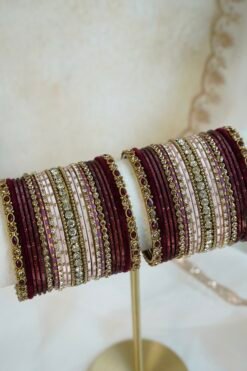 Maroon velvet blush bangle set with ruby and crystal stone accents, South Asian festive jewelry