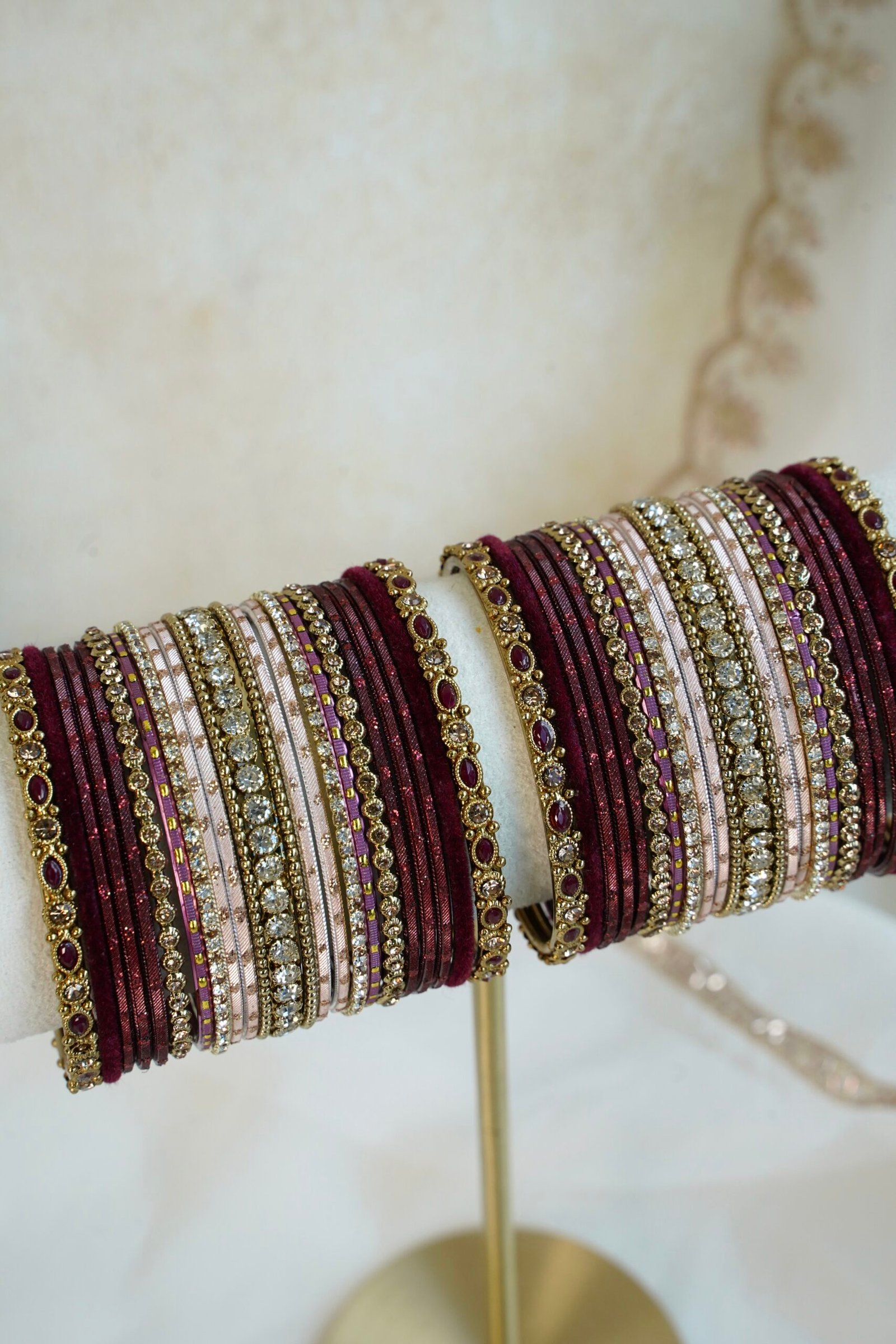 Maroon velvet blush bangle set with ruby and crystal stone accents, South Asian festive jewelry