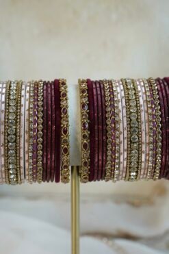 Maroon velvet blush bangle set with ruby and crystal stone accents, South Asian festive jewelry