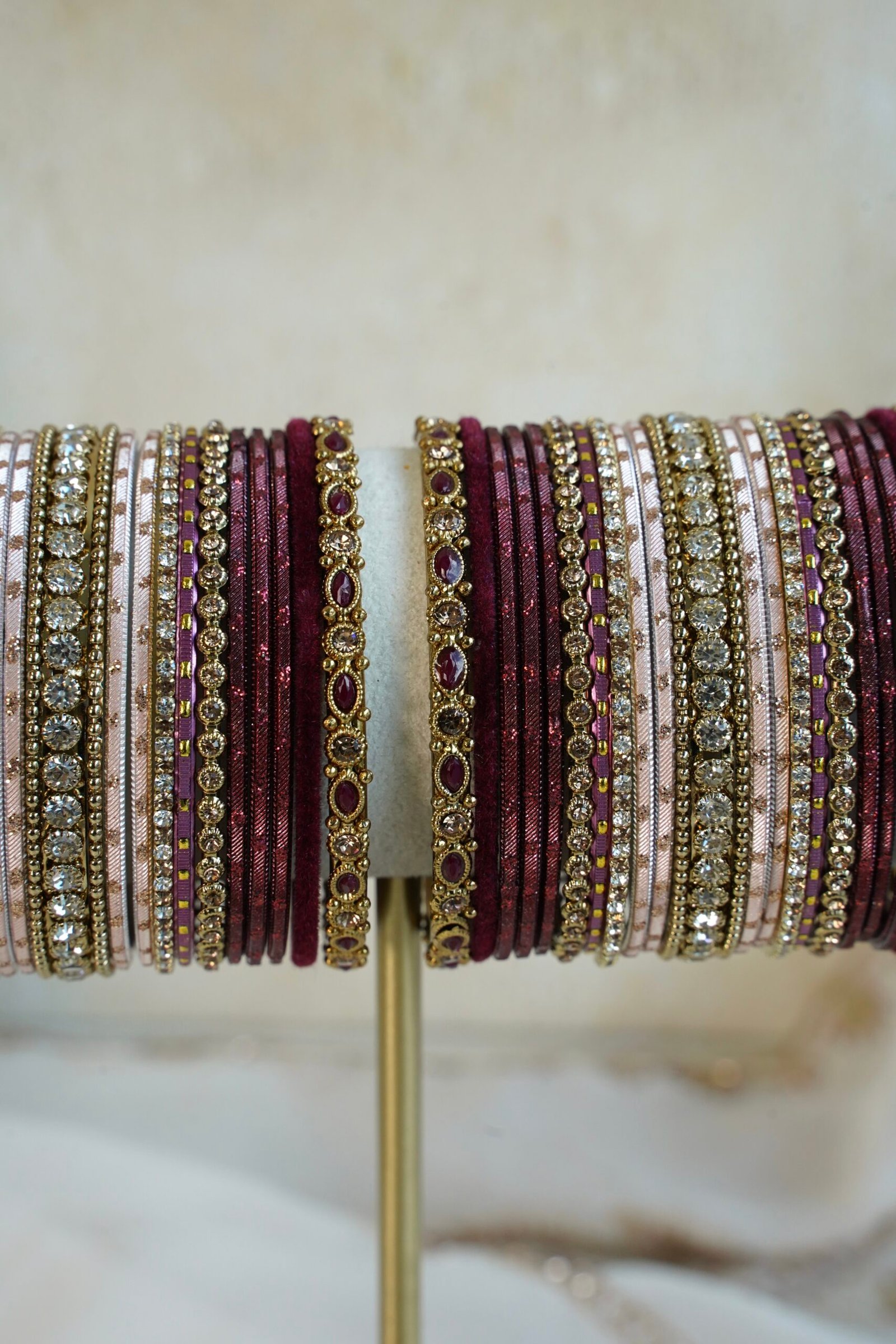 Maroon velvet blush bangle set with ruby and crystal stone accents, South Asian festive jewelry